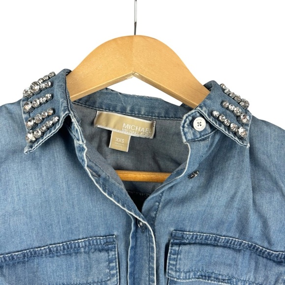 EUC MICHAEL Michael Kors Women’s Denim Button Down Shirt w/glam collar Sz XXS - Picture 8 of 10